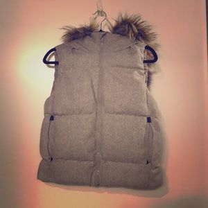Gray wool puffer vest with hood